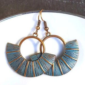 Antique Copper Verdigris Blue Green Patina Round Geometric Open Fan Earrings